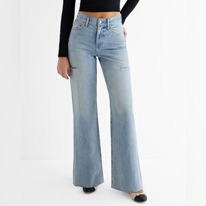 Express High Waisted Light Wash Raw Hem Ripped Sides Wide Leg Jeans